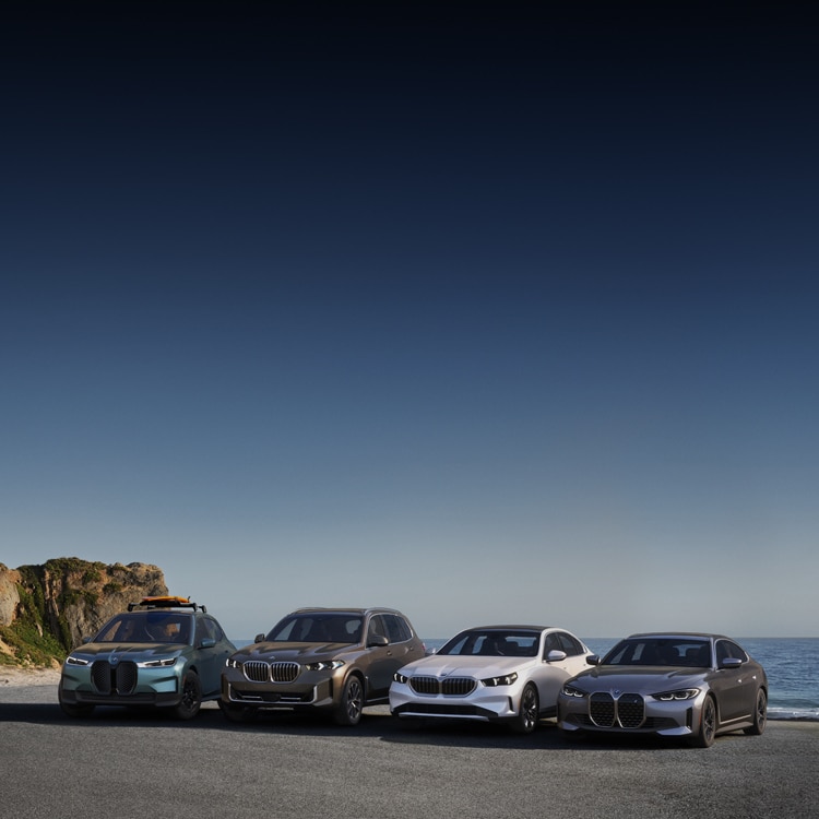 A BMW iX xDrive50, X5 xDrive40i, 530i xDrive, and i4 eDrive35 parked in a row on the beach