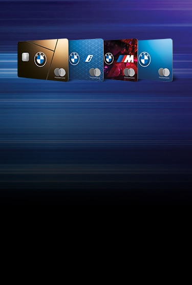 Four new designs of the BMW Credit Card set against a dynamic blue background 