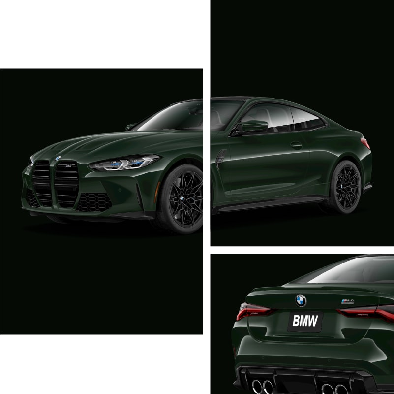 Detail of different angles of a BMW in British Racing Green