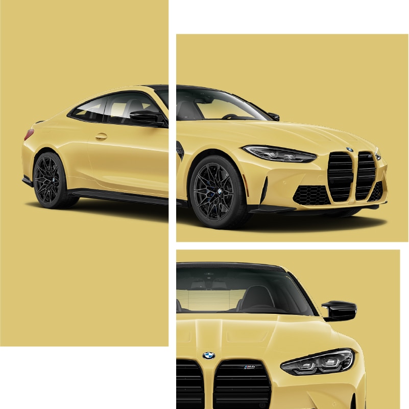 Detail of different angles of a BMW in Dakar Yellow II