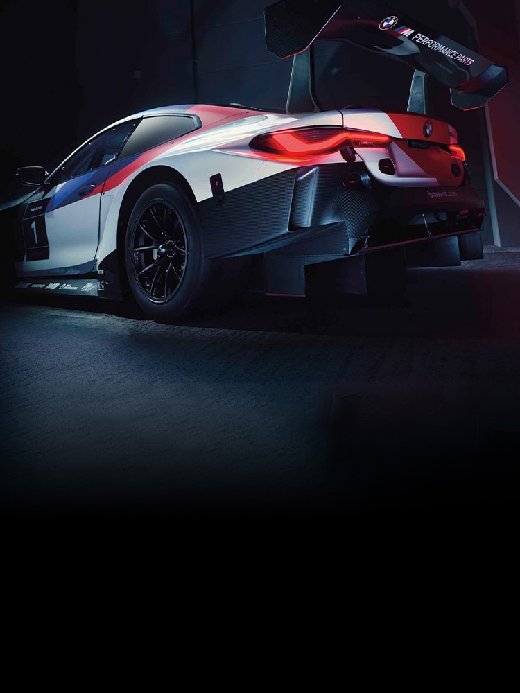 Detail of adjustable rear wing on the BMW M4 GT3 race car