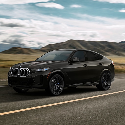 The 2026 BMW X6 xDrive40i driving down an open road with an expansive sky behind it