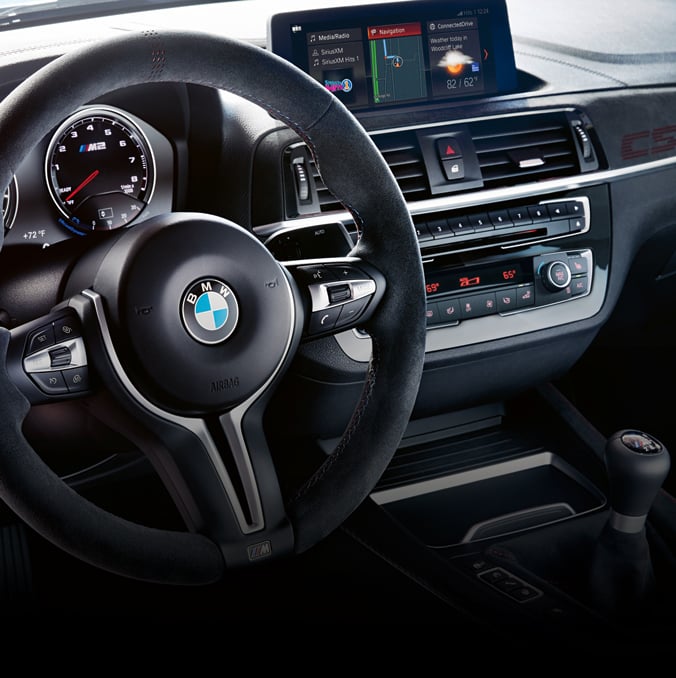 Detail of the Alcantara M steering wheel with a red 12 o'clock mark in the Limited Edition BMW M2 CS