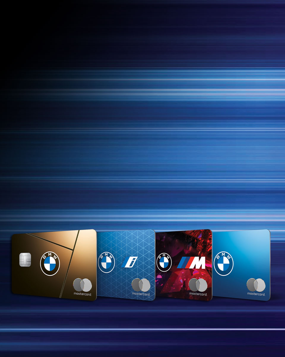 Four different BMW credit cards against a blurred background 