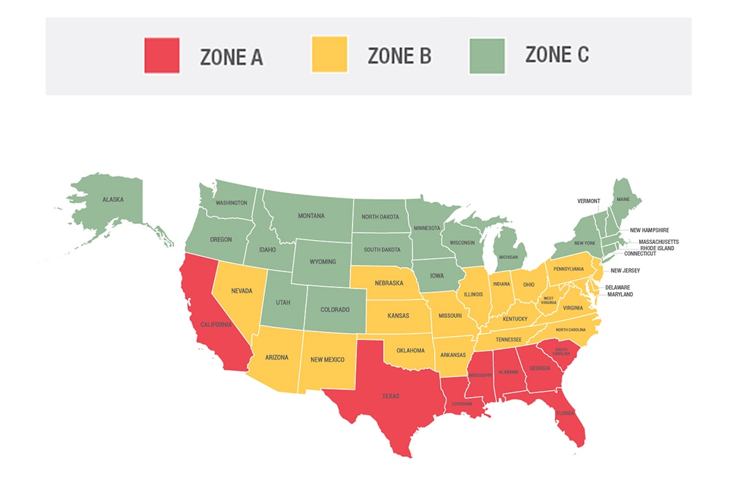 Map representing different zones affected by the Takata Airbag Safety Recall in the United States